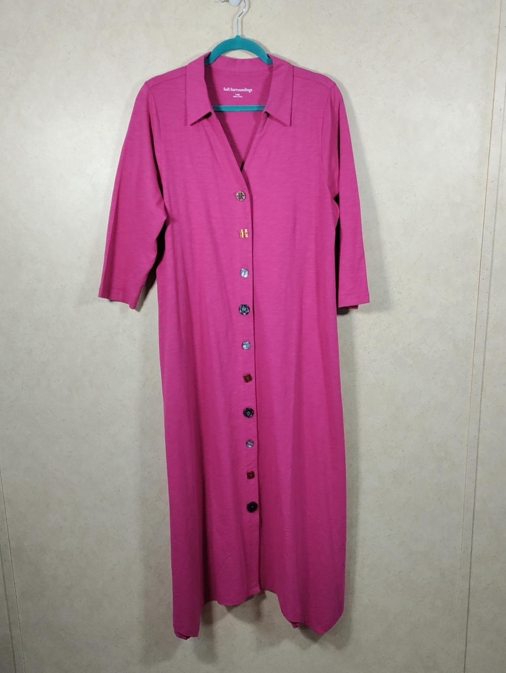 I138 Soft Surroundings Fuchsia Cotton Button Front Dress L